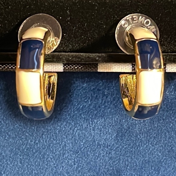 - Monet 22KT Electroplated Navy Blue & Gold Enamel 1” hoop Earrings - Picture 1 of 16